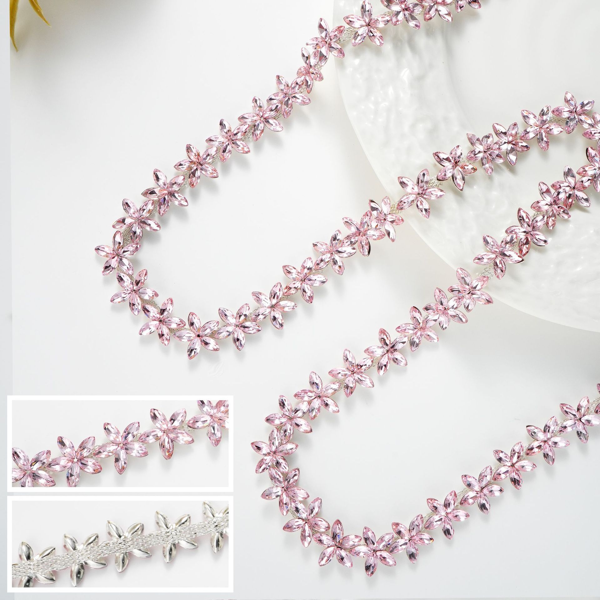 Small Star-Flower Rhinestone Chain, 1.6 cm — Silver background pink rhinestone-width 1.6cm-1 source unit / Copper base 1 yard ≈ 90cm long (source packing: 10 units per roll)